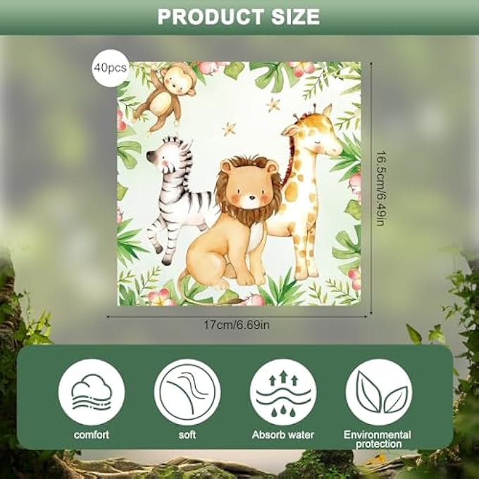 NAPKINS FOR CHILDREN'S BIRTHDAY PARTY, JUNGLE PARTY MOTIF ANIMALS, JUNGLE BIRTHDAY DECORATION, 33 X 33 CM, WILD 1ST BIRTHDAY DECORATION, FOREST ANIMALS, BIRTHDAY NAPKINS (CUTE) - Image 3